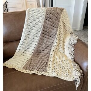 Vintage Crochet Afghan Blanket Fringed Throw Large Tan Cream Boho Grandmacore